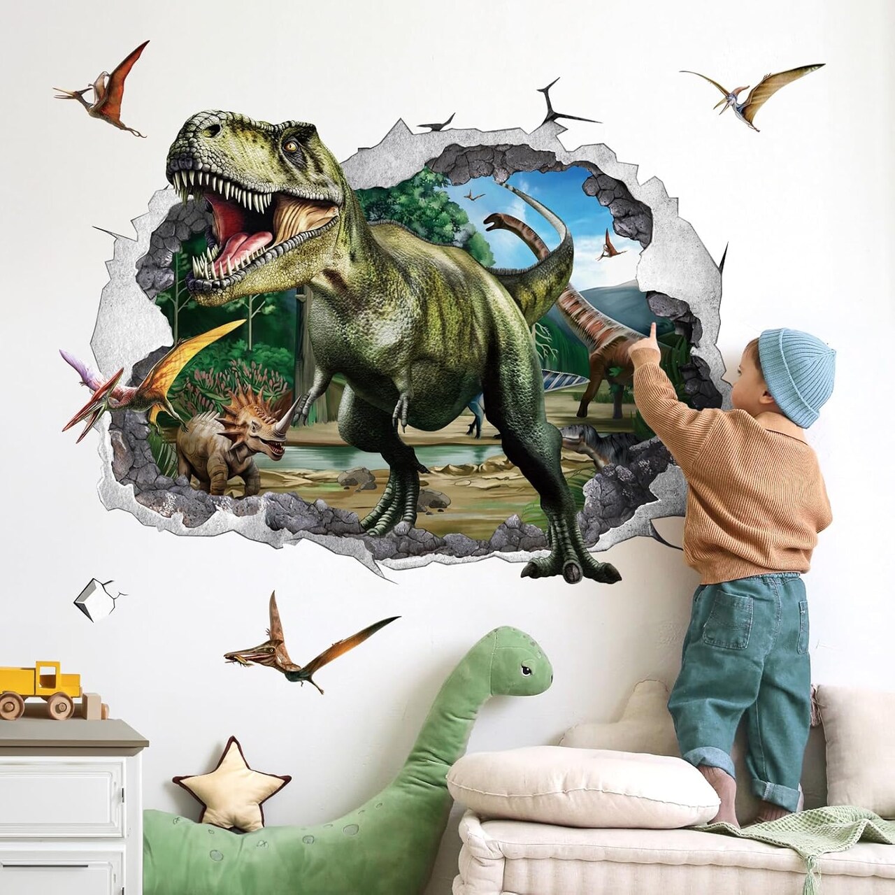 3D Large Dinosaur Wall Stickers Dino Crack Hole Dinosaur Animal Peel (Multi)
